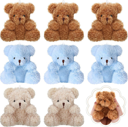 Threan 8 Pcs Mini Plush Bears, 4'' Small Bear Bulk Stuffed Animal Toys, Tiny Soft Dolls for Keychain Baby Shower Favors
