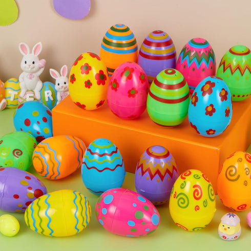 18 3.15'' JOYIN Toy PCs Plastic Printed Bright Easter Eggs, Over Tall Fillable Empty Eggs Bulks for Easter Hunt, Basket