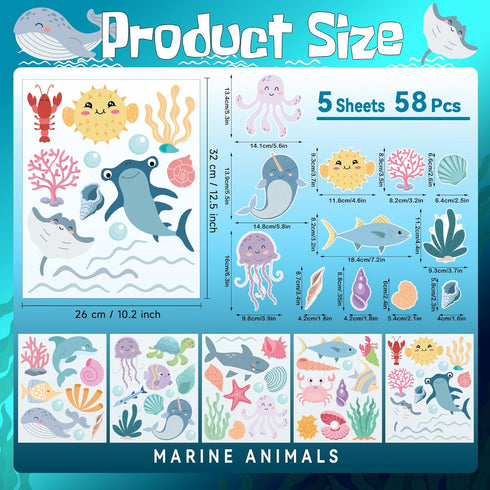 5 58 Ocean Animals Wall Decals - Sheets Pcs Under The Sea Theme Wall Decor Peel and Stick Ocean Wall Stickers for Home