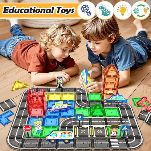 104 Set, 3-5 5-7 4-8, 3+ PCS Magnetic Tiles Road STEM Construction Toys for Kids Ages Magnet Building Blocks