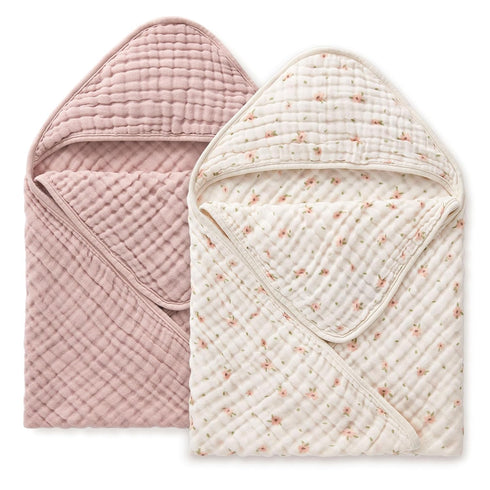 2 Pack, Blissful Diary Muslin Baby Hooded Towel Soft & Absorbent Bath Towel for Baby Girls, Infant Gift, Newborn