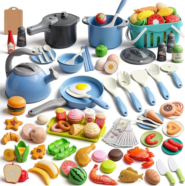 Funpynani 130Pcs Kitchen Playset, Toddler Pretend Cooking Play Pots, Pans, Utensils Cookware, Daily