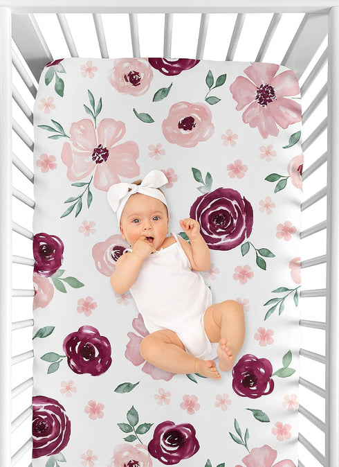 Sweet Jojo Designs Fitted Baby Crib Sheets (Burgundy/Pink Boho Floral) for Girls, Infant Nursery, Toddler Room