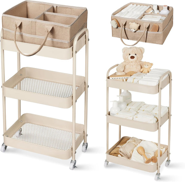 Fortella Baby Diaper Caddy, 3 Tier Rolling Storage Cart for Baby Essentials,