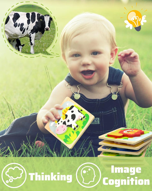 Benresive Wooden Toddler Puzzles, 6pcs Animal Montessori Toys for Boys & Girls 1-3 Year Olds, Educational Gifts