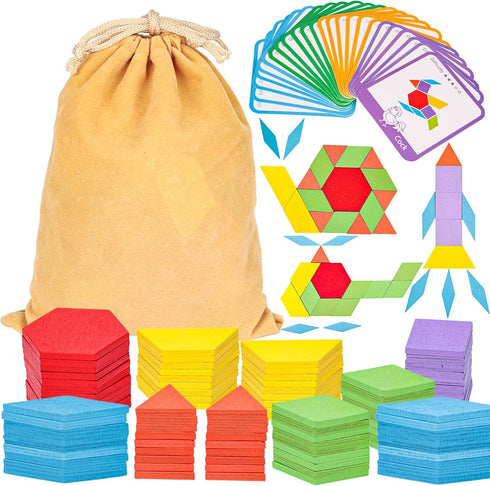LovesTown 209 PCS Shapes Wooden Pattern Blocks - Geometric with Activity Cards and Storage Bag for Kids
