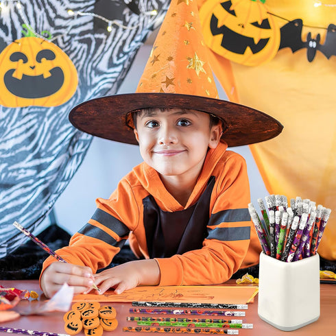 48 Pieces Halloween Pencils with 48 Pieces 3D Pumpkin Erasers Sets in Bulk for Kids Student Halloween Day Goodie Bags