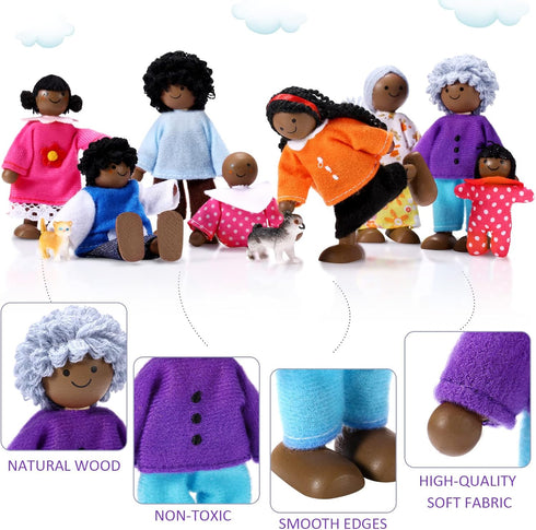 10 Pcs Wooden Dollhouse Family Set, 8 Mini People Figures & 2 Pets, Pretend Play Figures Accessories for Dollhouse