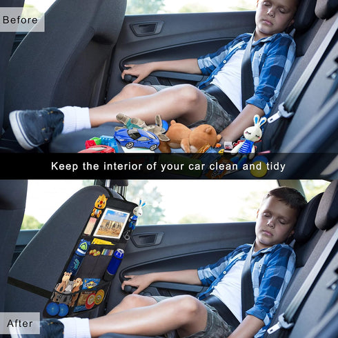 Ecurfu Backseat Car Organizer with 10 Compartments, 10 Inch Tablet Holder, Waterproof Storage Bag for Kids Cars (Black)