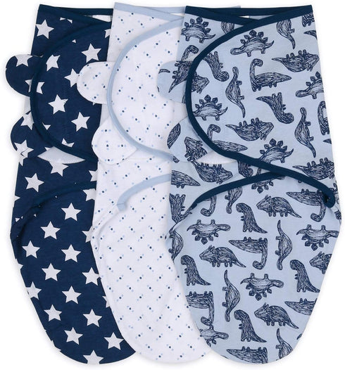 The Peanutshell Baby Swaddle Blankets - Set of 3, Soft Cotton Sleep Sack for Newborns, Blue Dinosaur