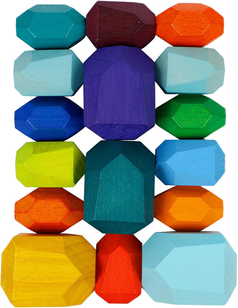 16 Pcs Colored Wooden Stacking Blocks, Solid Wood Rocks Building Toys for Kids Toddlers Educational Games
