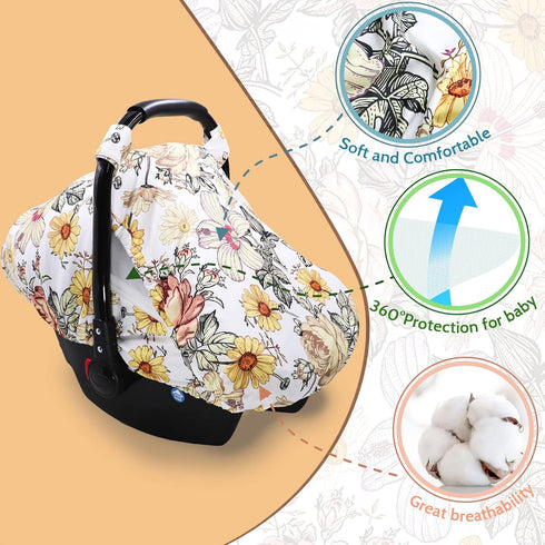 3in1Multi-use Floral Baby Car Seat Cover for Girl,Infant Carseat Canopy Sun CoverBaby Carrier Cover with Zipped Peep