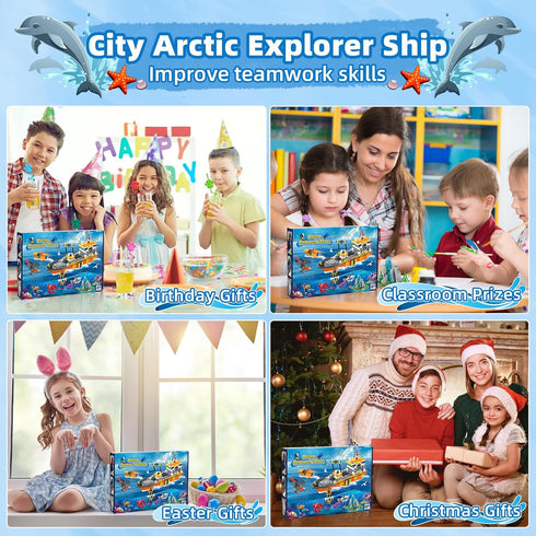 Set, 6 8 10+ City Ocean Explorer Ship Building Fun Toy Exploration Boat Building Block Kit with LED Lights, Helicopter