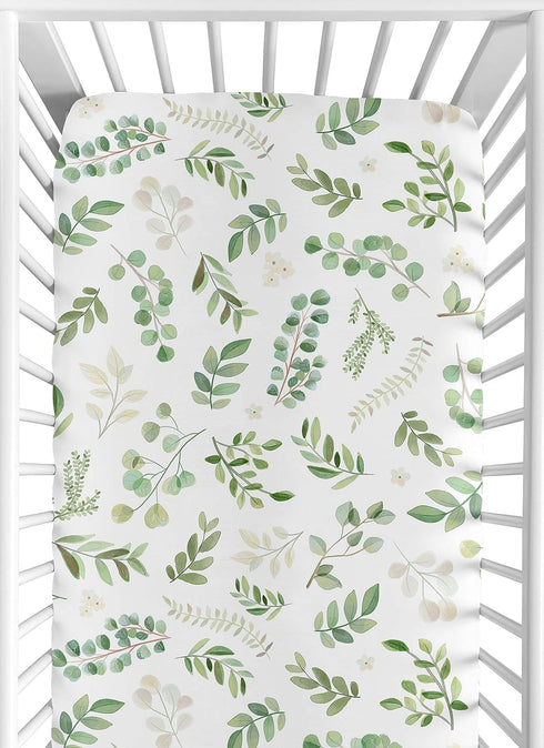 Sweet Jojo Designs Floral Leaf Girl Fitted Crib Sheet, Baby or Toddler Bed Nursery, Green and White Boho Watercolor