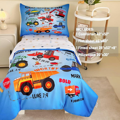 4 Set Set Piece Toddler Bedding for Boys,Cars Construction Toddler Bed Comforter Includes Comforter,Flat Sheet,Fitted