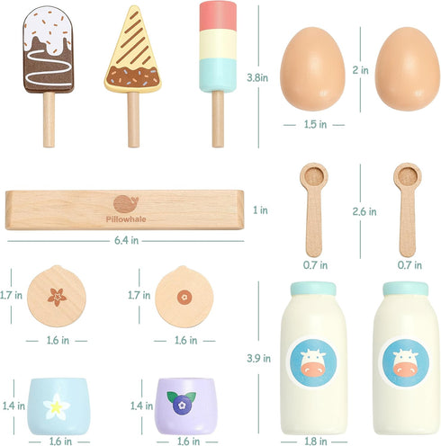 12-Piece Set 3+ Pillowhale Wooden Dairy & Ice Cream Play Food Pretend Fridge Food Accessories w/ Milk Bottles Yogurt