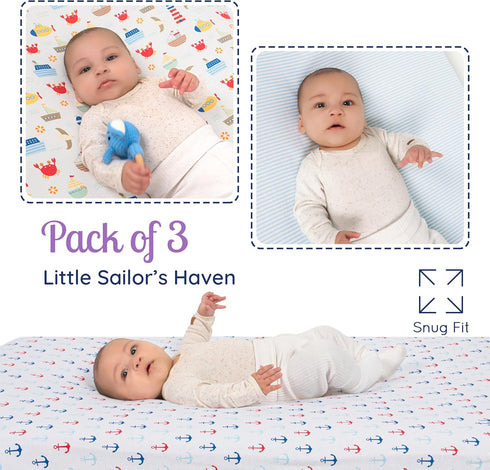 (3 Pack) (52" 28"), Set Set, GROW WILD Nautical & Ships Baby Crib Sheets for Boys - Jersey Knit Fitted Sheet x Toddler