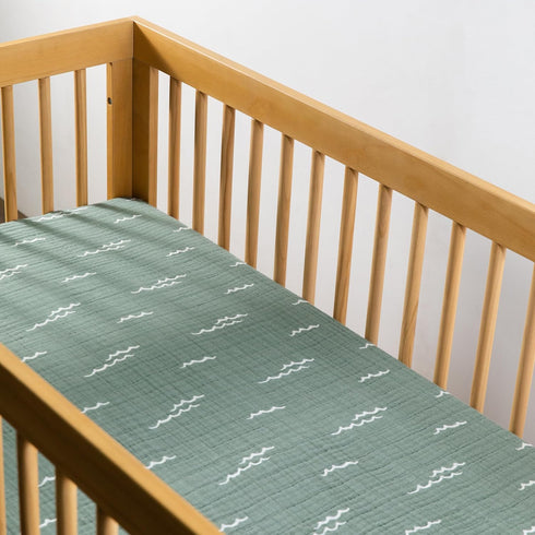 100% 360, Babyletto Organic Cotton Crib Sheet, GOTS-Certified, Fitted Ultra-Soft and Breathable Muslin - Ocean Waves