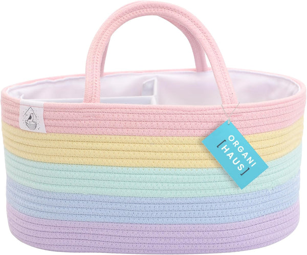 OrganiHaus Pastel Rainbow Nursery Storage Basket, Cotton Rope Toy & Diaper Caddy