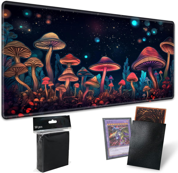 TCG Playmat Board Game Mat, Plus 50 Pcs Card Sleeves, 24 x 14 Neon Mushroom Game Mousepad with Soft Surface