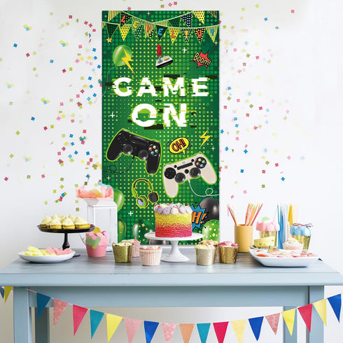 Green Level Up Game On Door Banner - Video Game Party Decoration and Photo Backdrop for Boys 1st Birthday