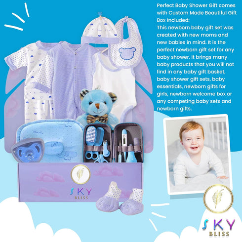 20 Set Set, Sky Bliss Piece Baby Gift (Blue), Newborn Baby Gift Baby Clothes, Teddy Bear, Pacifier, Baby Grooming kit
