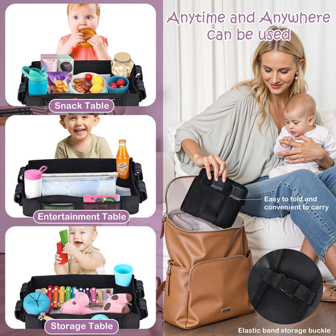 W2, Babenest Stroller Snack Tray for Wonderfold Wagon Foldable Thickened Snack Tray with Cup Holder, Storage Mesh Bag