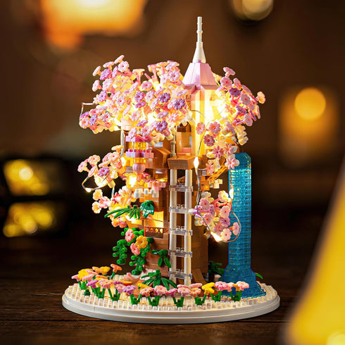 Cherry Blossom Bonsai Tree House Building Set - 1382 Pcs Micro-Particle Ideas with String Lights and Wooden Base