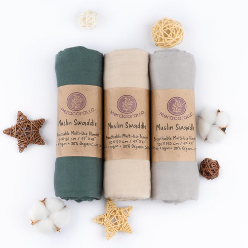 47 47 inches, Set 3 Meracorallo Muslin Swaddle Blanket Silky Soft Receiving Blanket Neutral Swaddle Wrap for Baby Boys