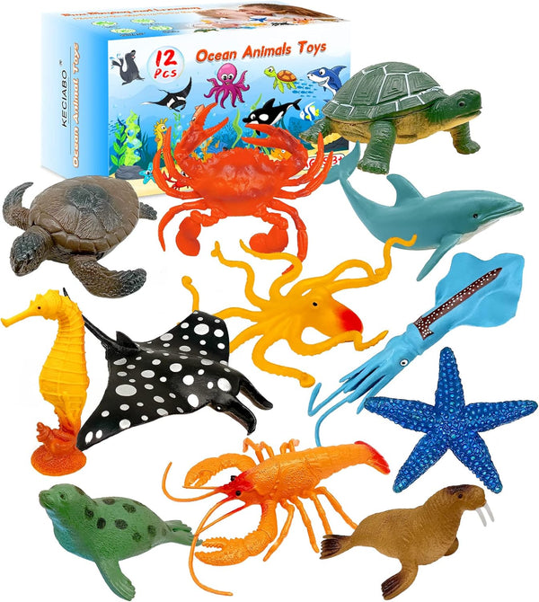 Ocean Sea Animal Figures - 12 Pack Realistic Soft Plastic Bath Toys for Toddlers, Kids, Boys, and Girls