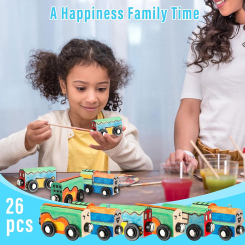 Lenwen 26 Pcs Unpainted Magnetic Wooden Train Cars - DIY Unfinished Train Set for Boys Girls Party Favors