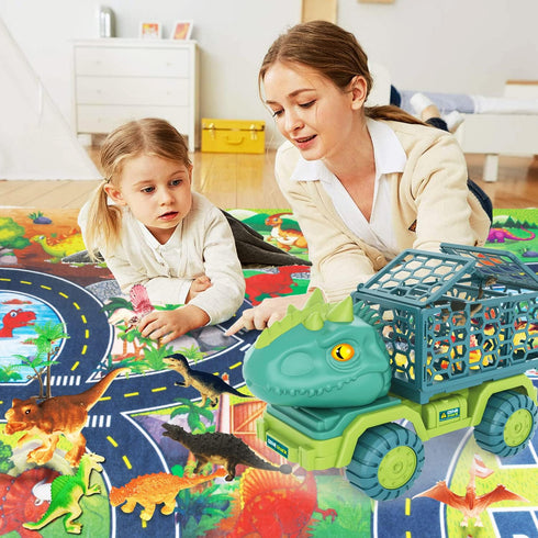 JKGIFTS 15 3-5, Dinosaur Truck Toy with Dino Figures & Activity Play Mat, Dinosaur Eggs, Perfect for Kids Stocking
