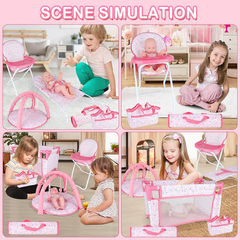 deAO Baby Doll Play Set, 6 Pcs Accessories for 12-14’’ Baby Doll with Crib, High Chair, Play Mat