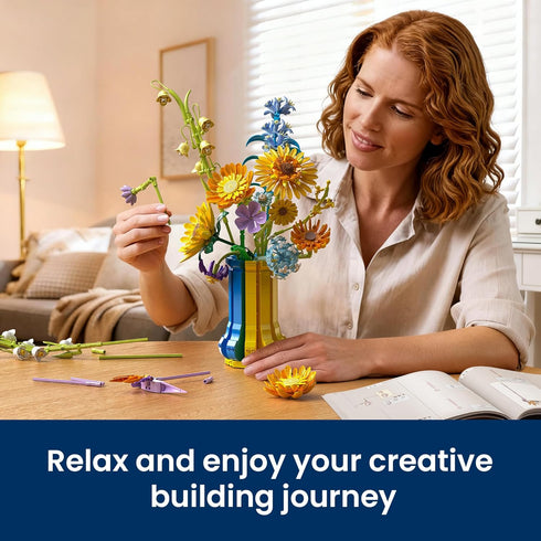 Set (1147 Mothers Day Sunflower Bouquet Building with Vase, Gift for Mom Wife Women Girlfriends Adults Couple Teens