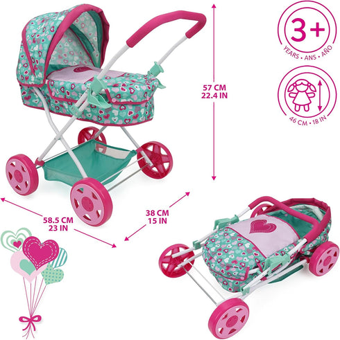 509 3+ Crew: Mint Heart - Daisy Doll Pram - Pink & Green, Bassinet, Storage Basket, Retractable Canopy, Folding