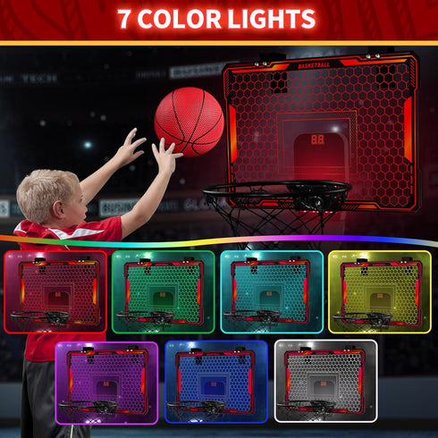 Basketball Hoop Indoor - Mini Basketball Hoop with 7 LED Lighting, Scoreboard, Over Door Foldable Basketball Toys
