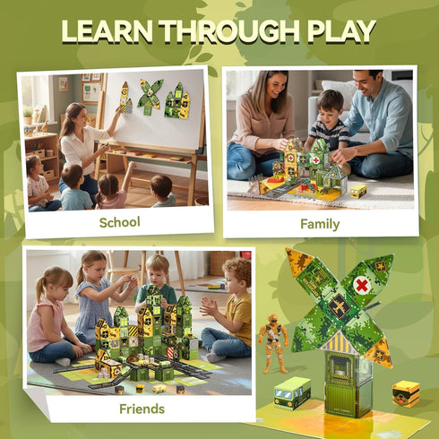 Set 3-5 4-8, VigorFun Army Magnetic Tiles Building Toys for Kids Ages STEM Military Magnetic Blocks with Army Men