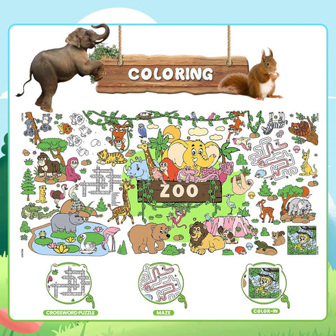 Poster,35x72Inch Drunze Giant Coloring Zoo Animal Activity Drawing Paper Coloring Table Cover,DIY Zoo Poster Table