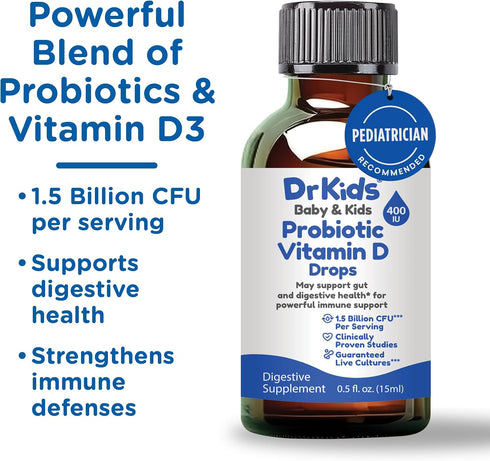 D3, Recommended, 0.5 oz Dr. Kids Probiotic Vitamin D Drops Supports Infant & Child Gut Health, Helps Reduce Gas, Colic