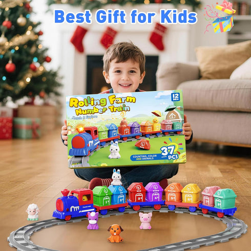 Set 2-4, Counting 1 2 3 Train for Toddlers Electric Toy Train with Farm Animals & Music & Lights, Montessori & Sorting