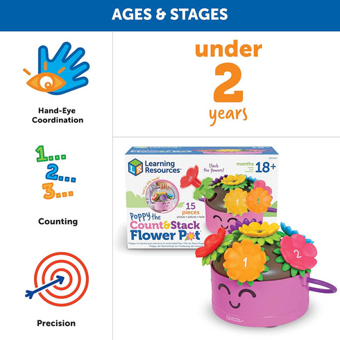 Learning Resources Poppy The Count & Stack Flower Pot, 15 Pieces Fine Motor Skills Toys for Toddlers