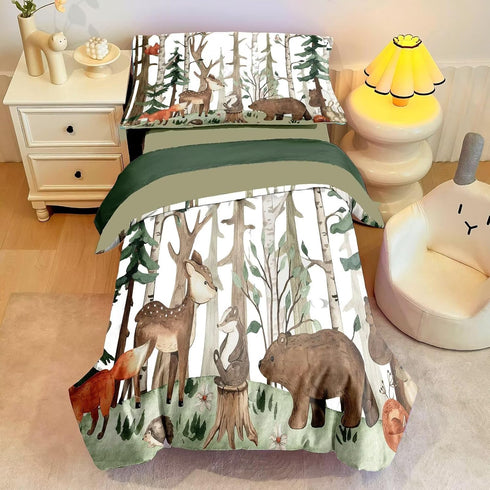 CKOU CCOO 4 Set, Set Set Pieces Woodland Animal Toddler Bedding Forest Deer Bear Fox Bed Comforter for Boys Girls, Cute