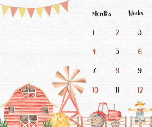 Farm Theme Baby Monthly Milestone Blanket, Soft Flannel, 48x40in, Tractor and Barn Backgrounds, Newborn Mom Gifts, Baby