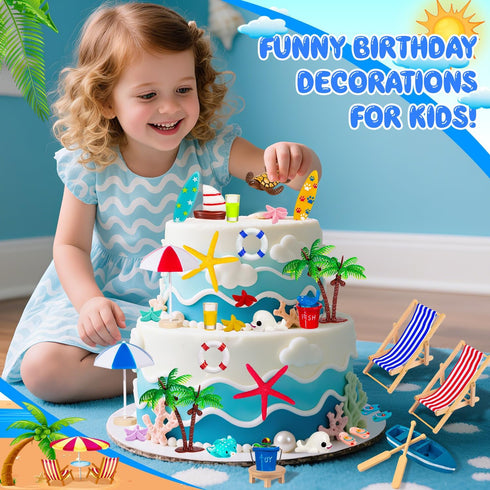 LHSYFBZ 36 Pcs Beach Miniature Dollhouse Decoration, Beach Cake Decorations, Umbrella Palm Chair Miniature Toys for DIY