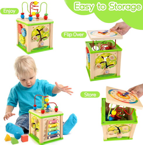 Wooden 7-in-1 Activity Cube, Montessori Toys for 1 2 3 Year Old Toddlers, Educational Developmental Toys