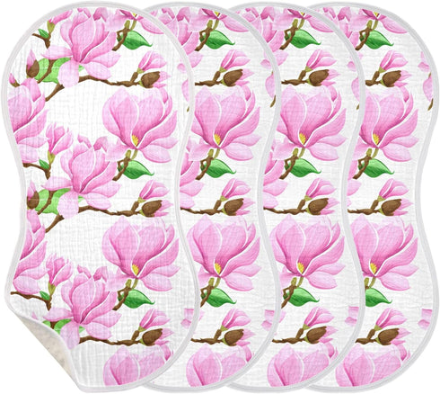 Set 4, Magnolia Flowers Muslin Baby Burp Cloths of Super Soft & Absorbent Burping Rags, Cotton Burp Clothes Shower Gift