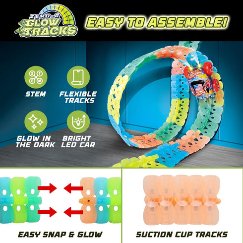 USA Toyz Zero-G Glow Race Track for Kids - 210pcs Glow in the Dark Flexible Race Car Track Set with Suction Cups, Slot