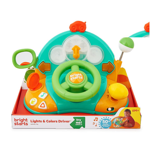 6 Bright Starts Lights and Colors Driver Toy Steering Wheel with Car Sounds for Pretend Play - Green, Months and up