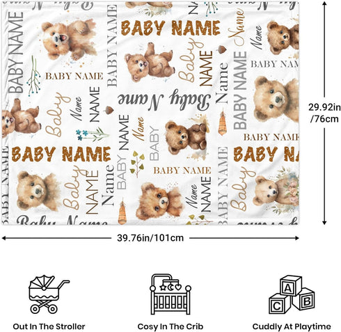 Novusopt Personalized Floral Bear Baby Blanket with Custom Name for Girls, Receiving Blanket for Newborn, Nursery Kids