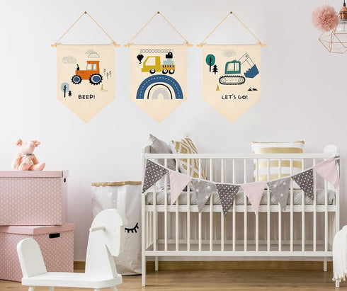 GEANHIL -Set 3 Transport,Construction,Vehicle Construction,Truck Nursery Decor-Flag Decor Gift for Baby Boys Newborn